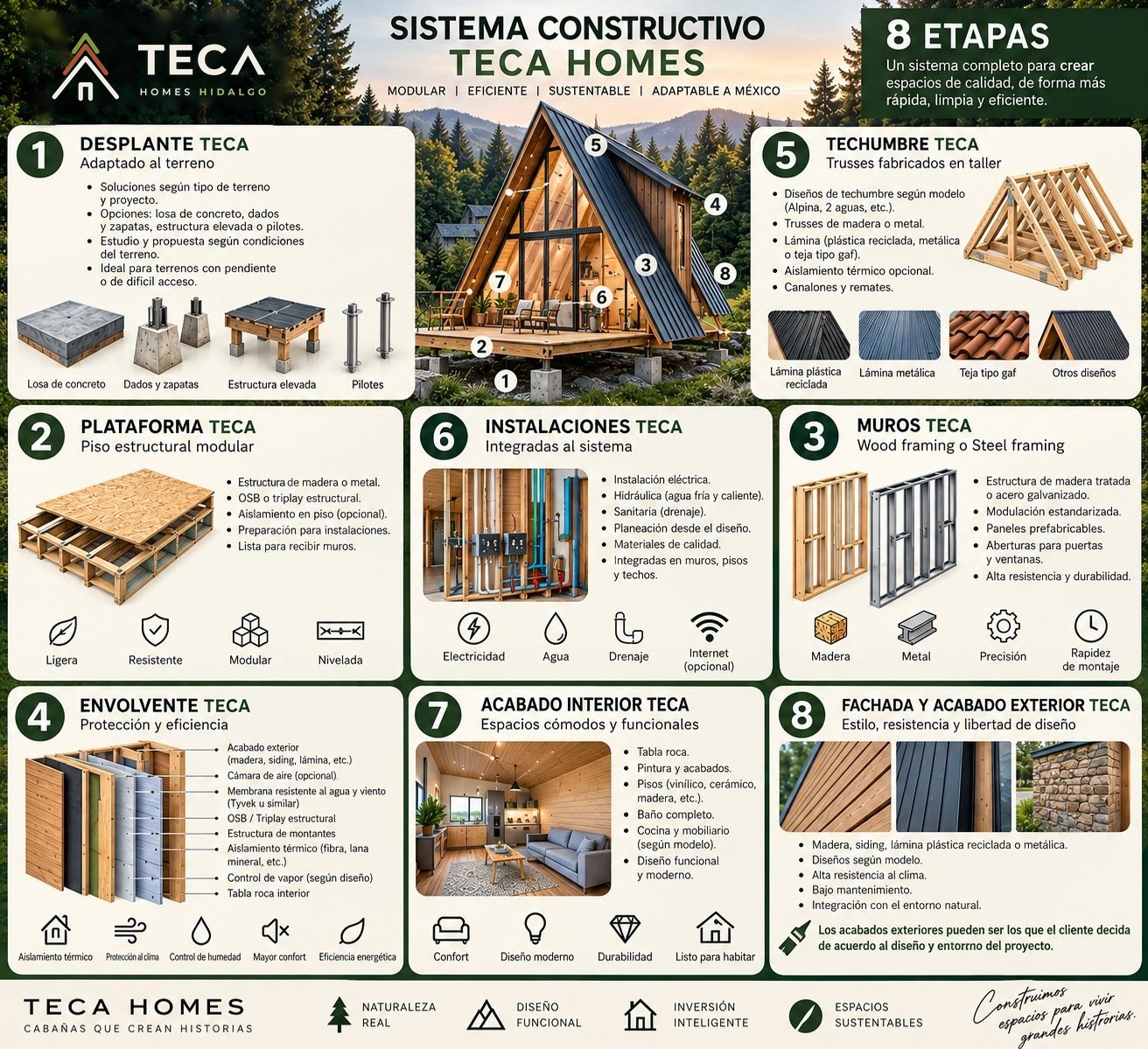 Infografía del sistema constructivo TECA en 8 etapas