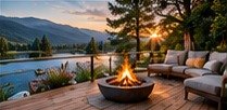 Terraza con fogata junto al lago